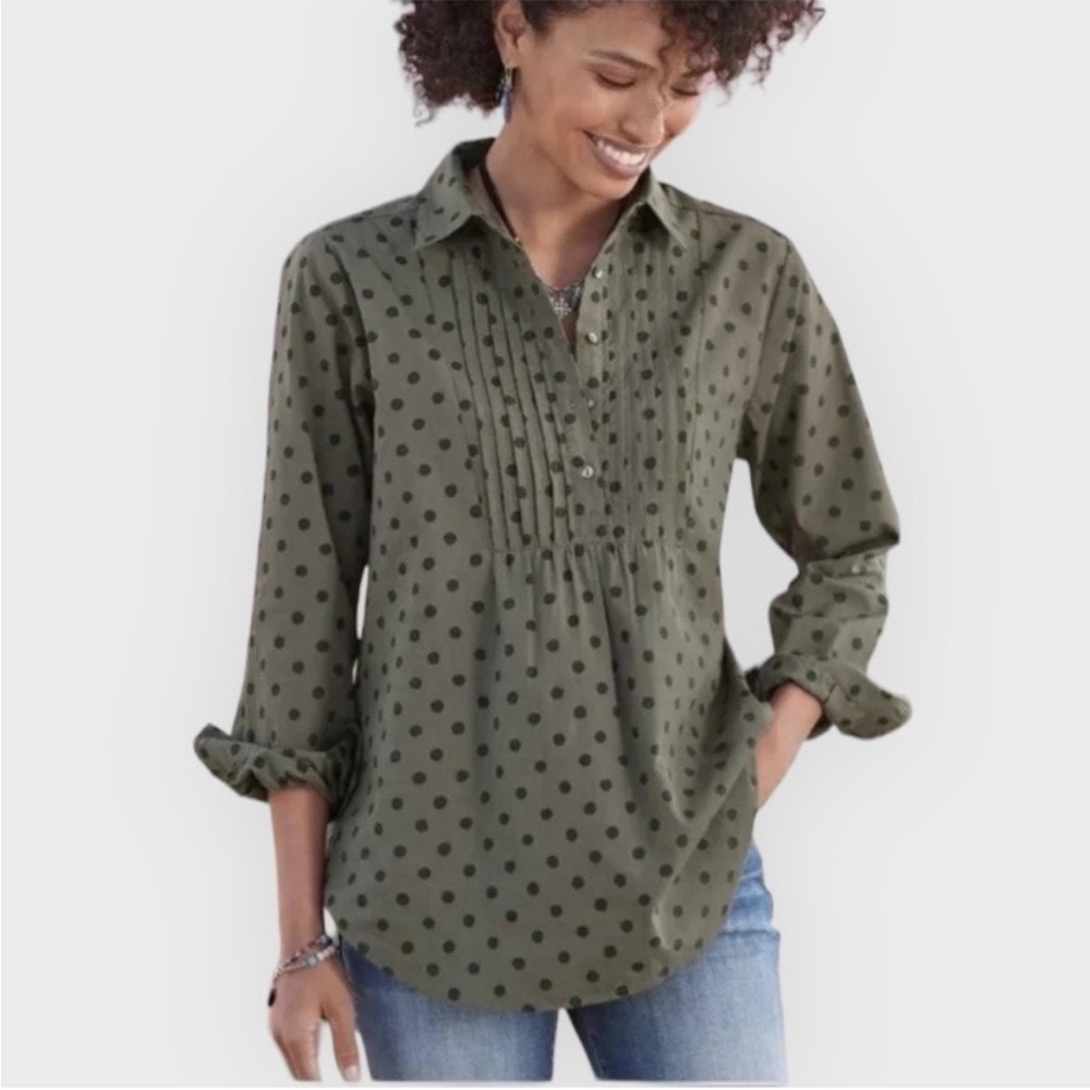 Sundance Olive Green Polka Dot Pintuck Button-Front Tunic